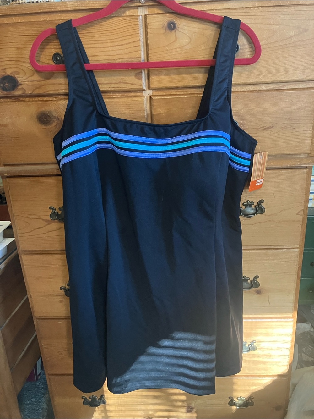 Tropical Escape Black Swimdress with Blue and Aqua Stripes